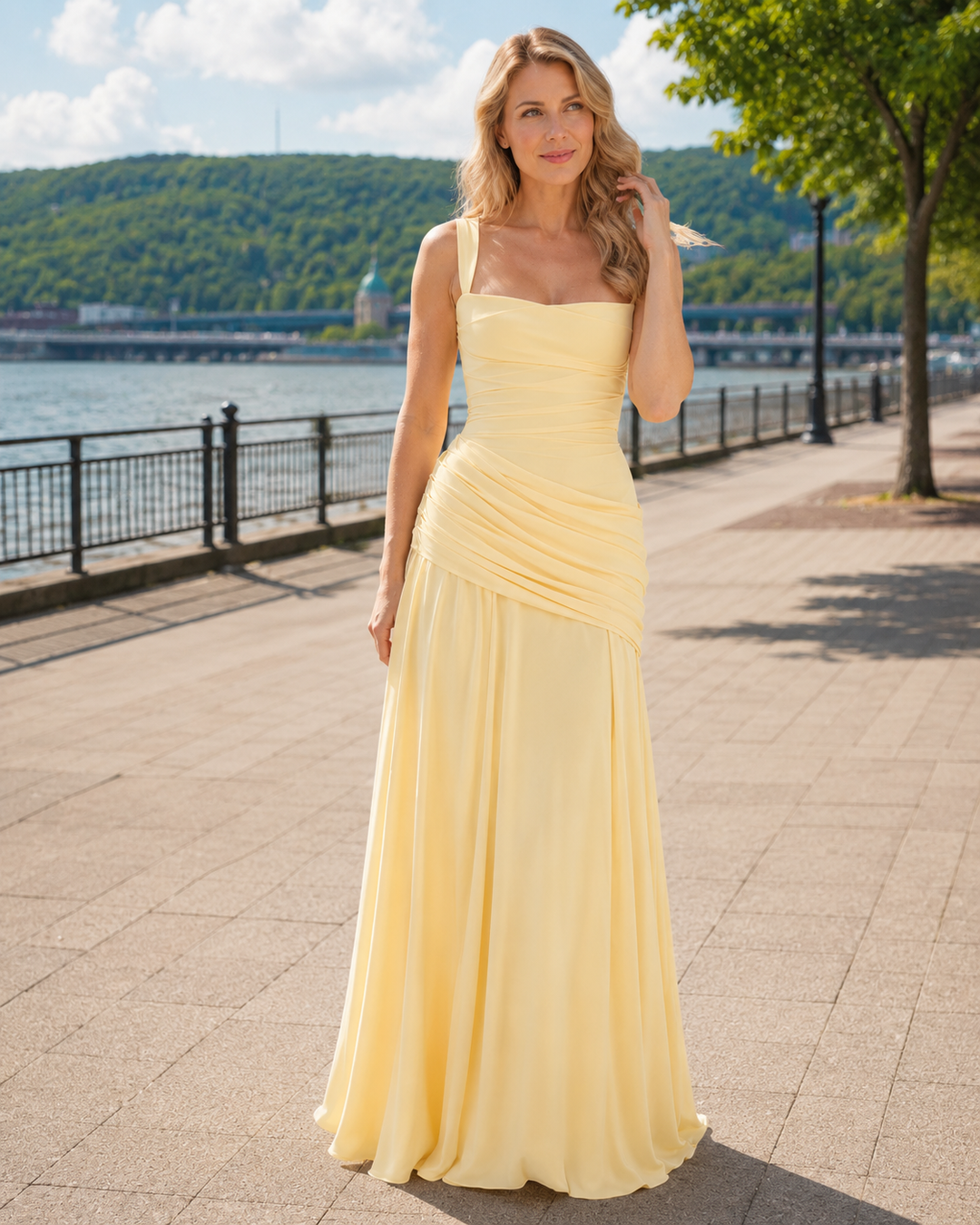 Vestido maxi de mujer, elegante, escote cuadrado, drapeado, ideal para fiesta y eventos.