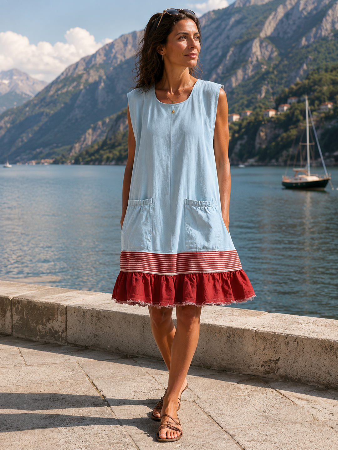 Túnica ligera sin mangas de mujer, dobladillo fruncido. Perfecta para un estilo casual de verano fresco.