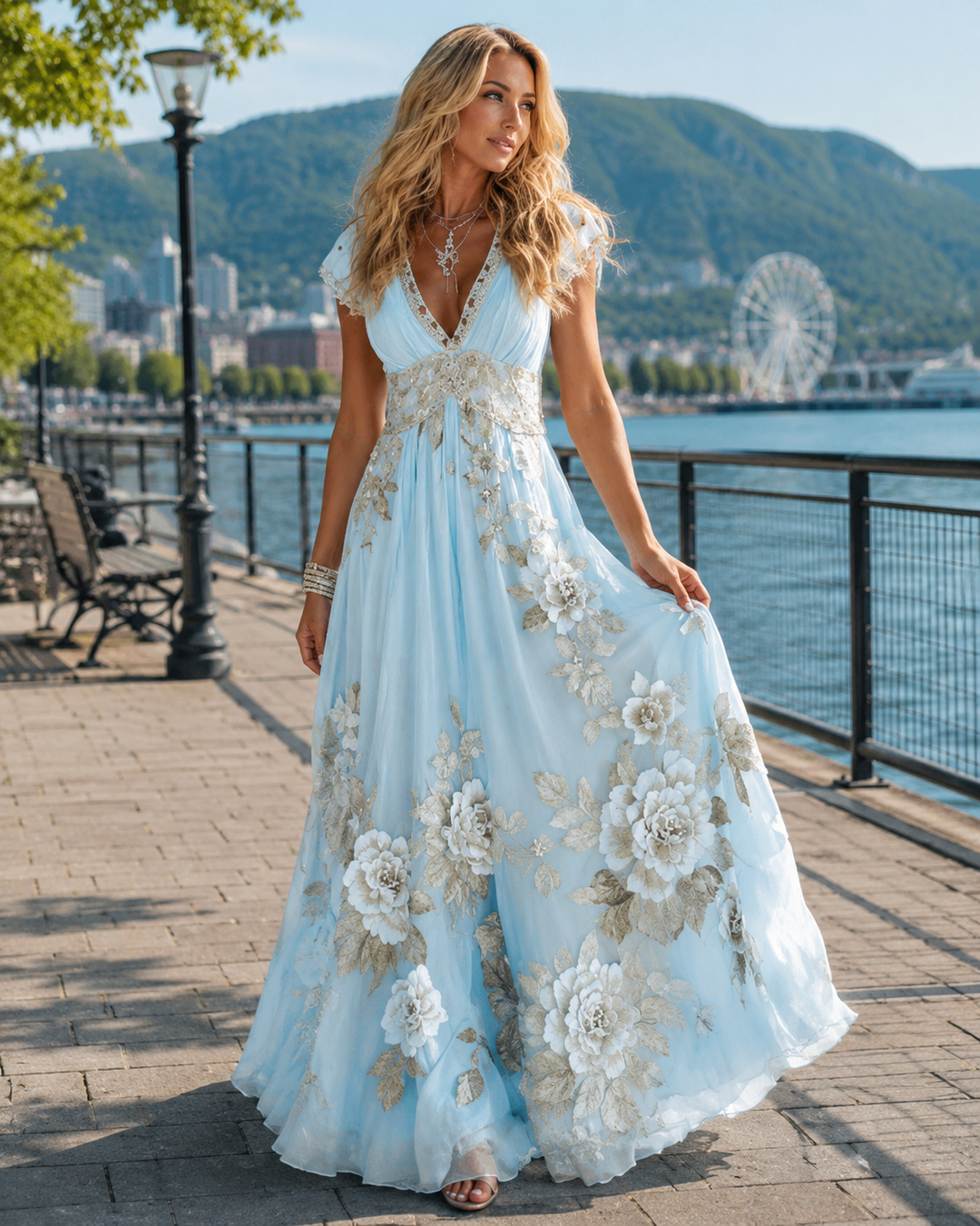 Vestido largo de chiffon para mujer, elegante y fluido, con delicado encaje bordado, ideal para fiesta o boda.