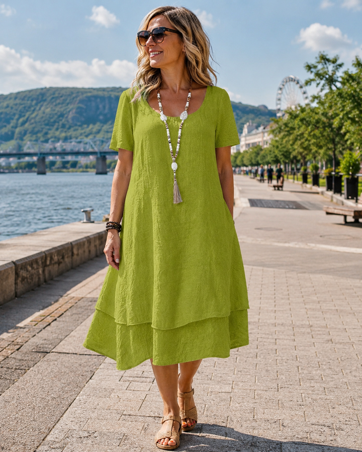 Vestido amplio de mujer casual, cuello redondo, manga corta. Ideal para verano y primavera, cómodo y holgado.