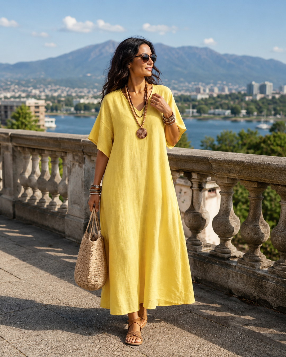 Vestido largo casual de mujer de algodón lino, cuello V, ideal para un verano fresco y relajado.