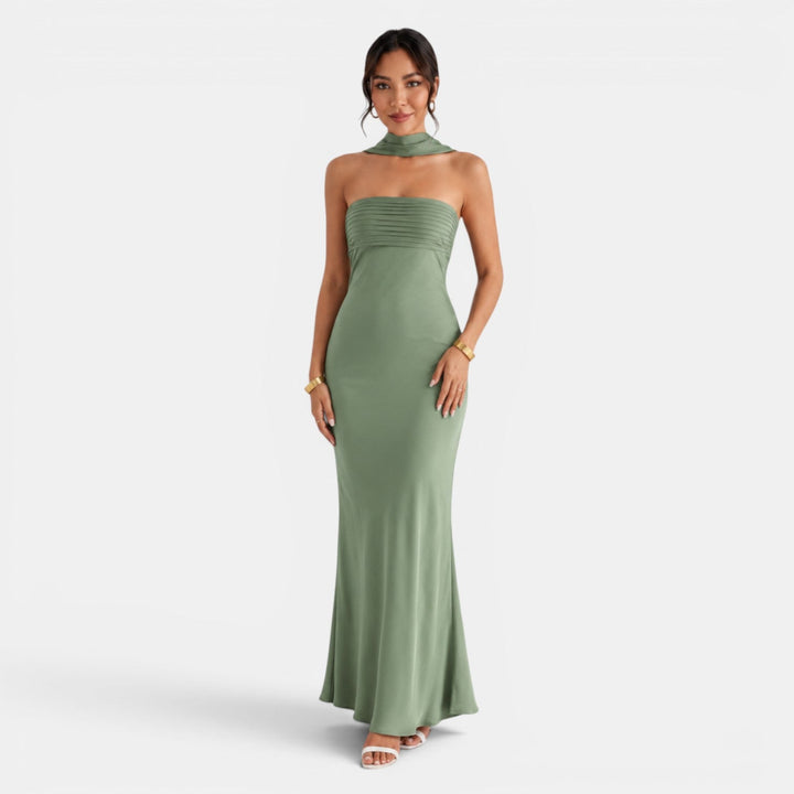Vestido de encaje y satén para mujer, largo y elegante, perfecto para bodas y galas.