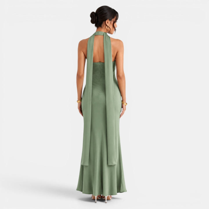 Vestido de noche satinado con encaje para mujer, estilo formal y glamuroso para cualquier evento.