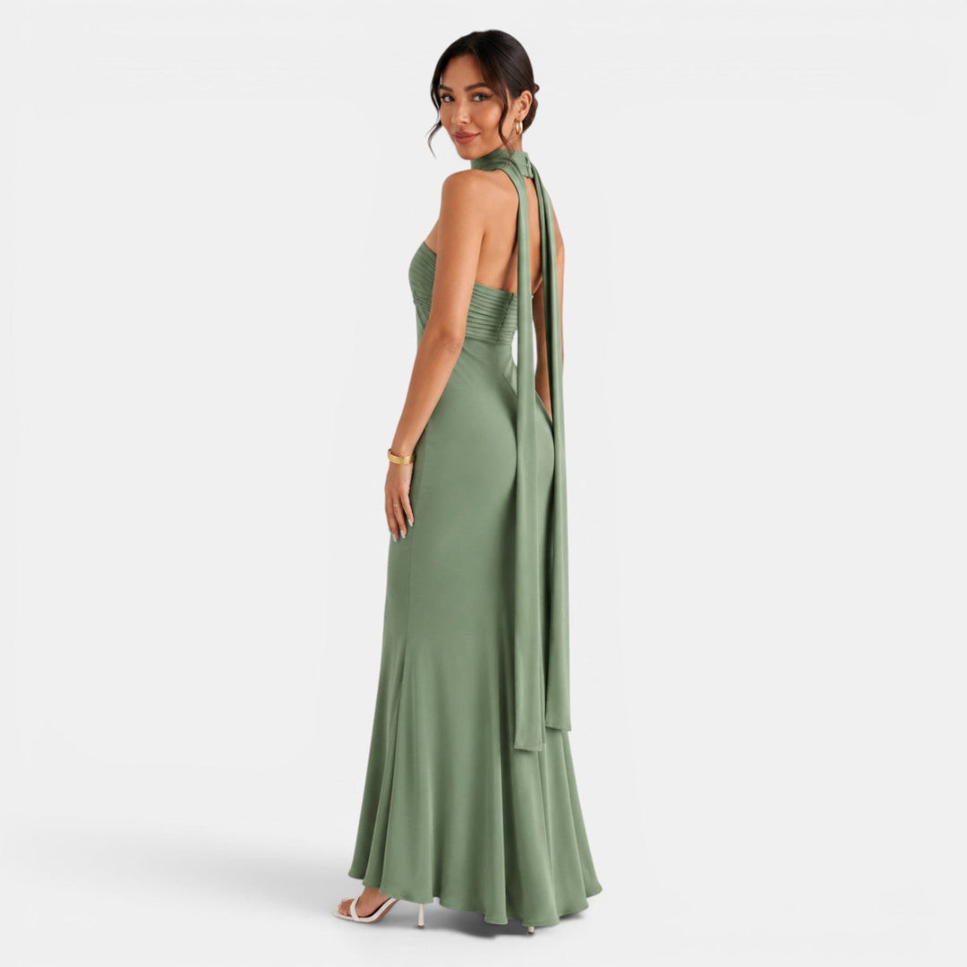 Moderno vestido largo de satén para mujer, con aplicaciones de encaje, para evento y fiesta.