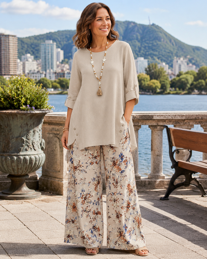 Conjunto bohemio de lino y algodón para mujer, estilo casual fresco ideal para verano y playa.