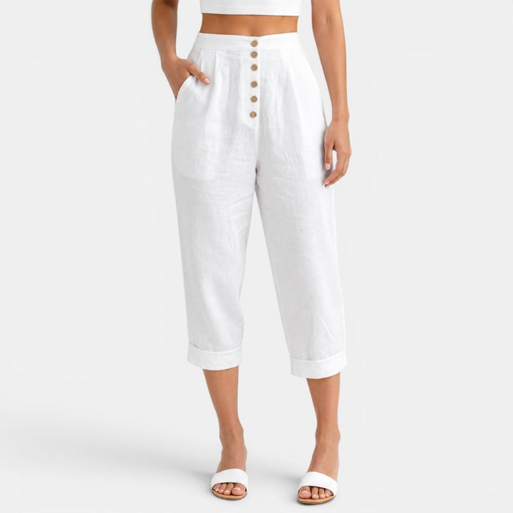 Pantalón capri de lino para mujer, elegante y cómodo, ideal para verano y vacaciones.