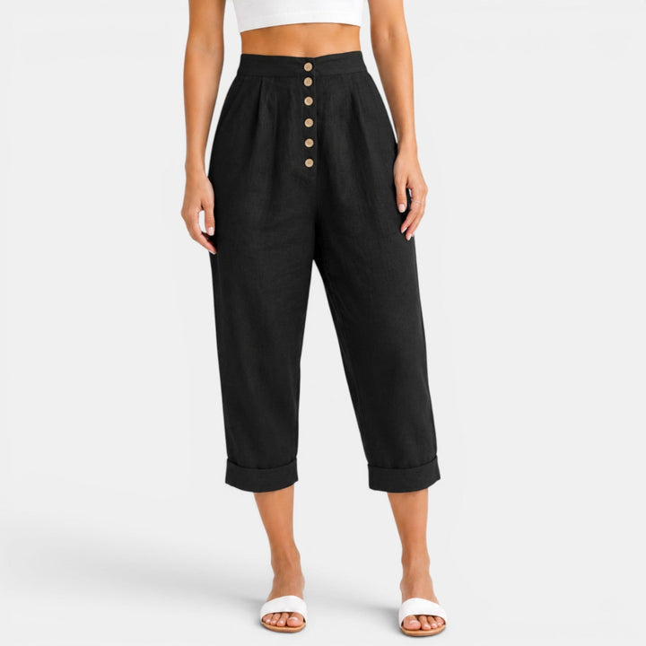 Cómodo pantalón capri holgado de lino para mujer, fresco para verano y estilo casual.