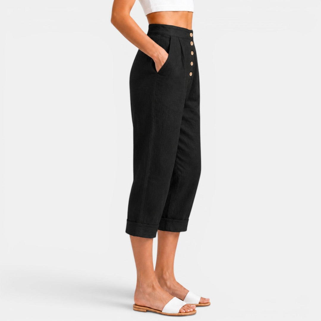 Pantalón capri de mujer, lino elegante, perfecto para atuendos de verano y vacaciones.