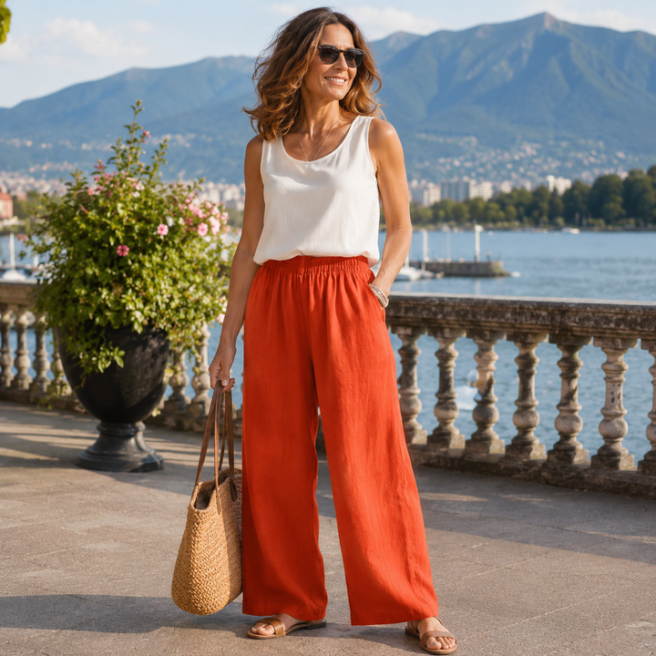 Pantalones de mujer casuales de lino algodón, cintura elástica. Ideales para verano y comodidad.