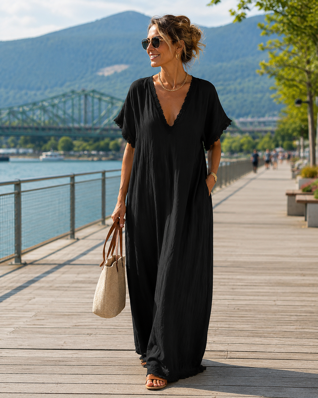 Vestido largo de mujer con encaje y escote V, estilo elegante para verano. Ideal para fiestas y vacaciones.