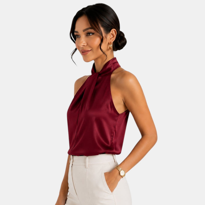 Top chic y moderno, blusa halter sin mangas para mujer.