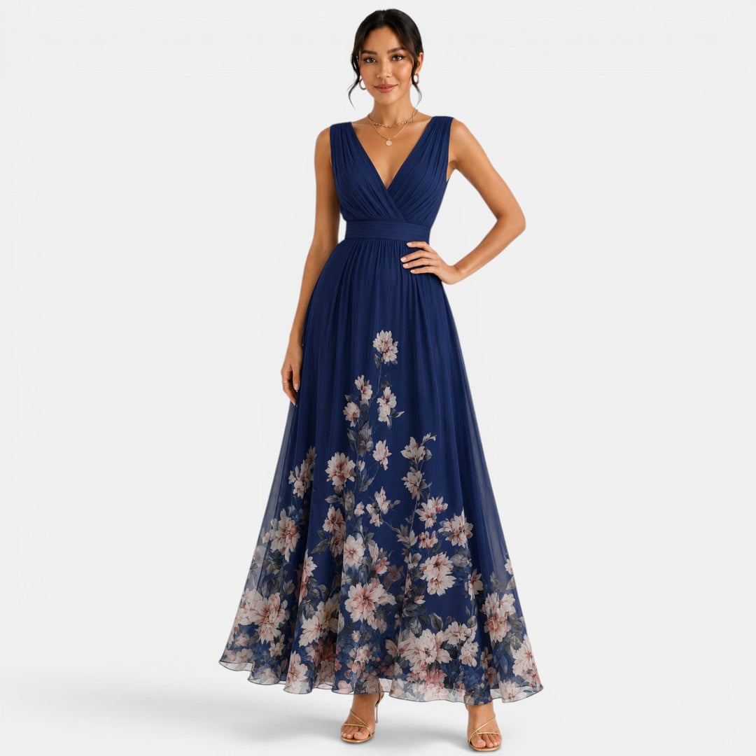 Elegante vestido floral largo para mujer, estilo fluido y versátil, ideal para fiestas.