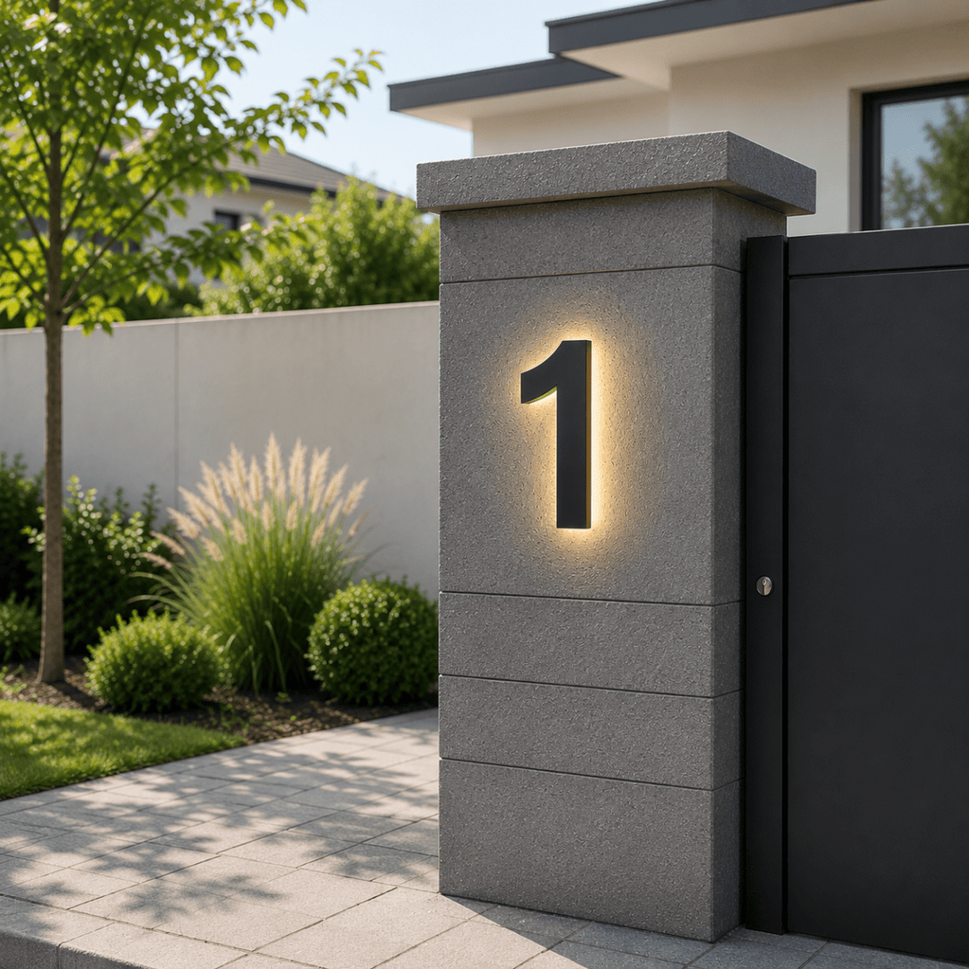 Placa de números para casa con diseño moderno, duradera y visible claramente durante el día en exteriores.