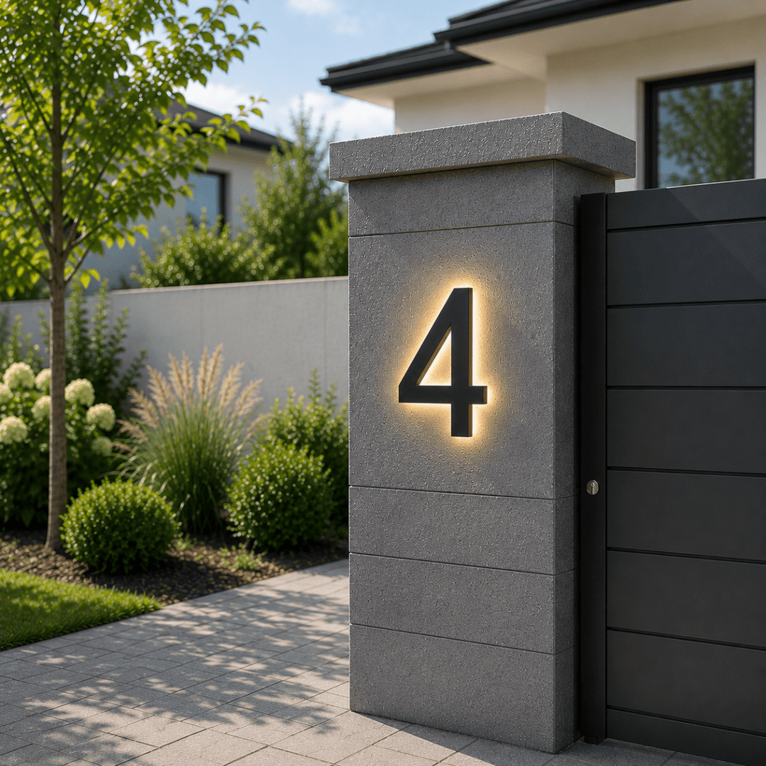 Decoración exterior moderna: números de casa LED personalizables, elegantes y muy visibles de noche.