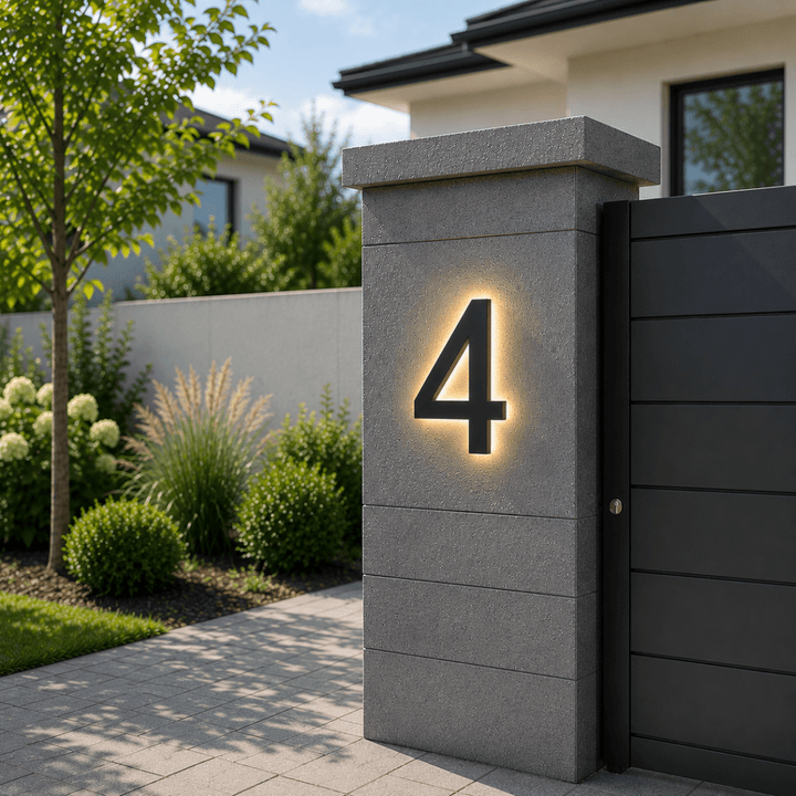 Decoración exterior moderna: números de casa LED personalizables, elegantes y muy visibles de noche.