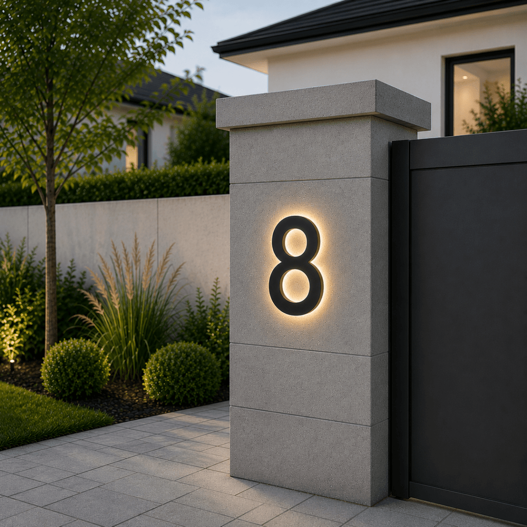 Primer plano de números LED para casa, placa de dirección moderna, iluminación exterior brillante y clara.