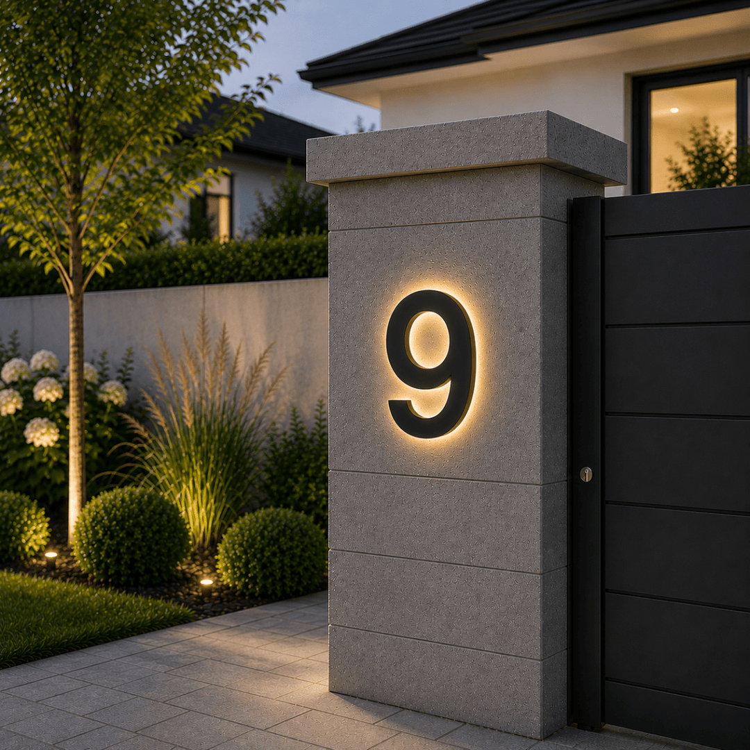 Números para casa con acabado elegante, LED integrados para visibilidad diurna y nocturna, diseño moderno.