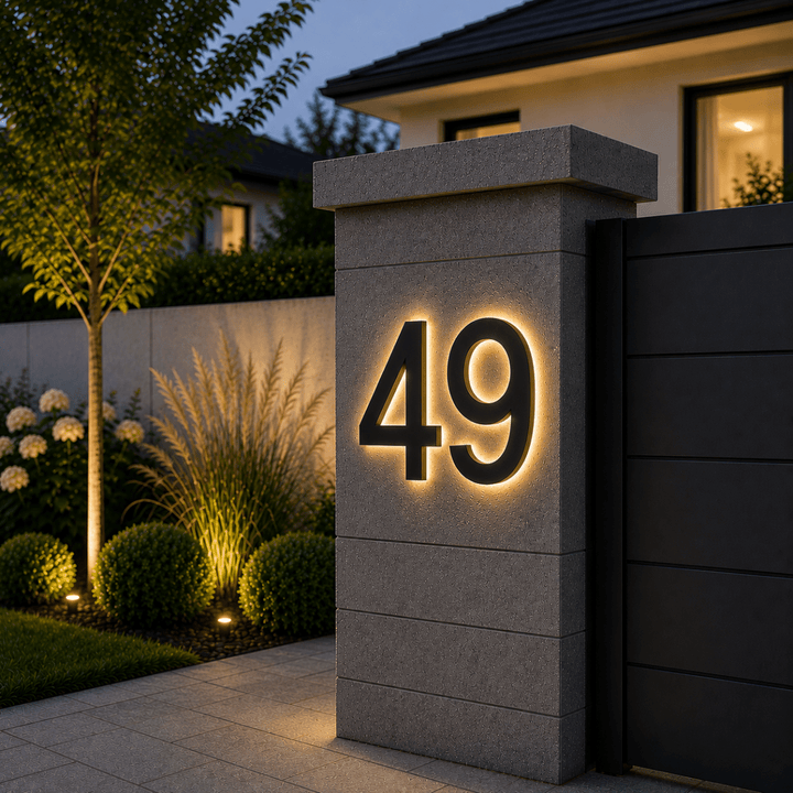 Números LED iluminados para dirección de casa, alta visibilidad nocturna, estilo moderno para exterior.