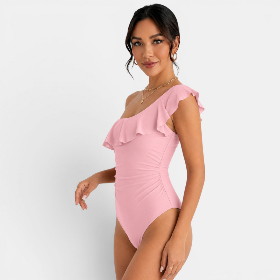 Bañador de moda para mujer con un hombro y volante, estilo elegante para el verano.