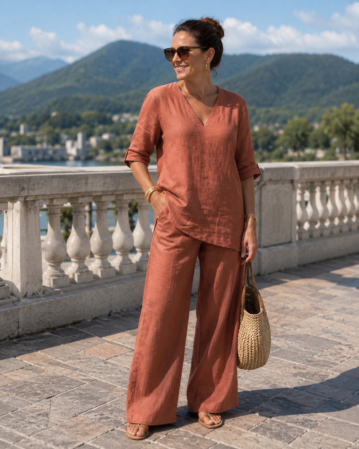 Conjunto de lino y algodón para mujer, dos piezas, pantalón ancho y top, ideal para verano y playa.