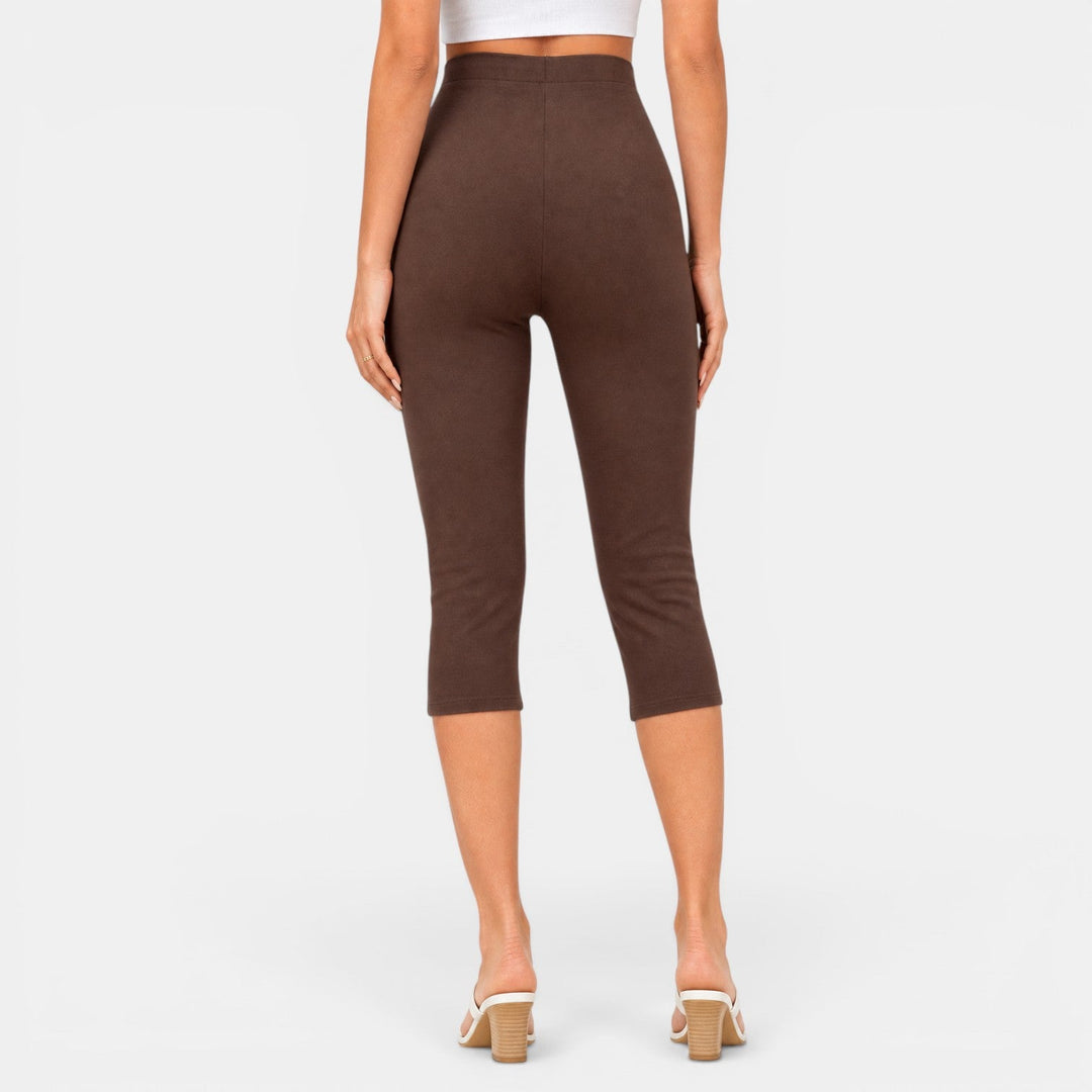Pantalón capri marrón de mujer, cintura alta elástica, cómodo y versátil para el día a día.
