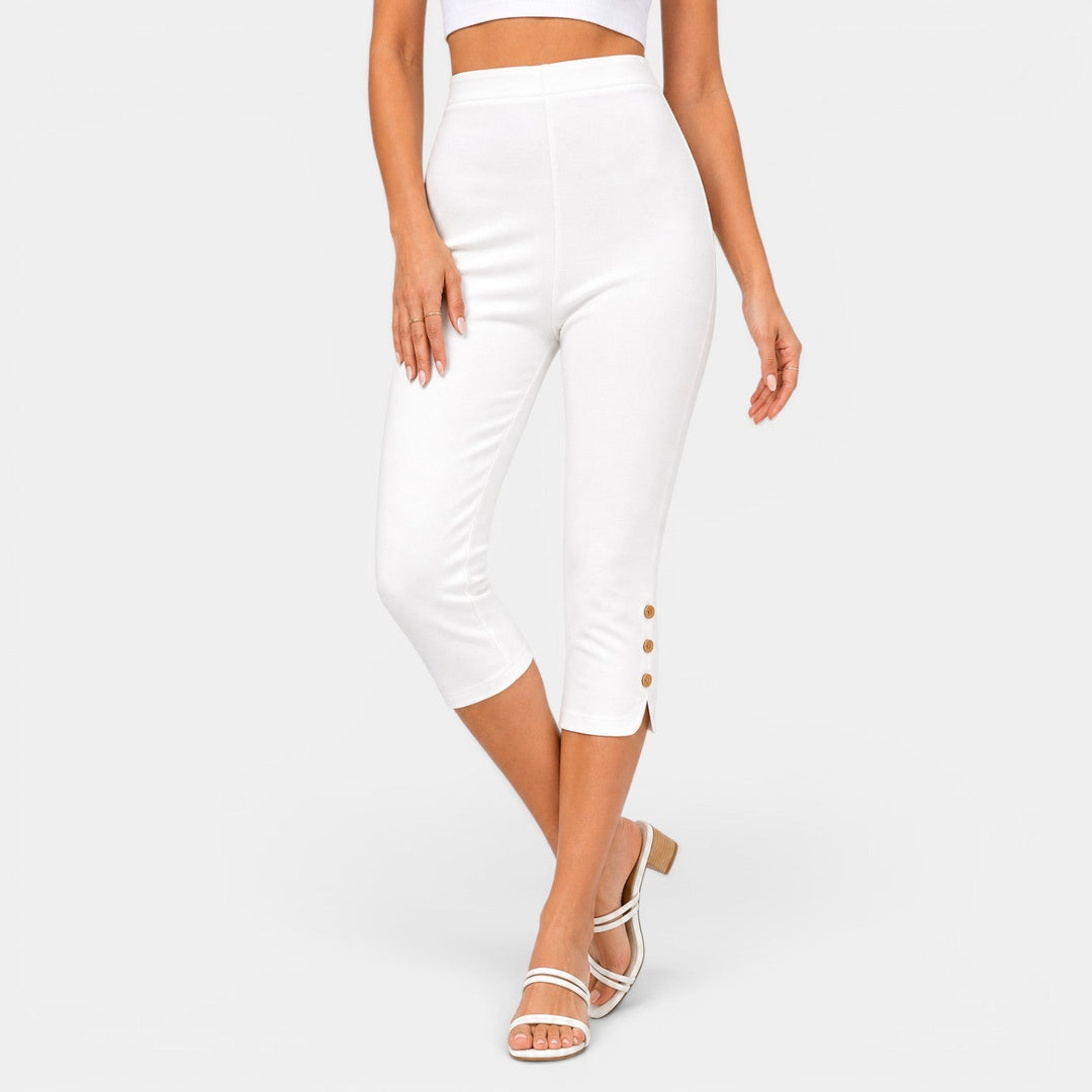 Capri blanco de cintura alta para mujer, elástico y fresco, perfecto para primavera y verano.