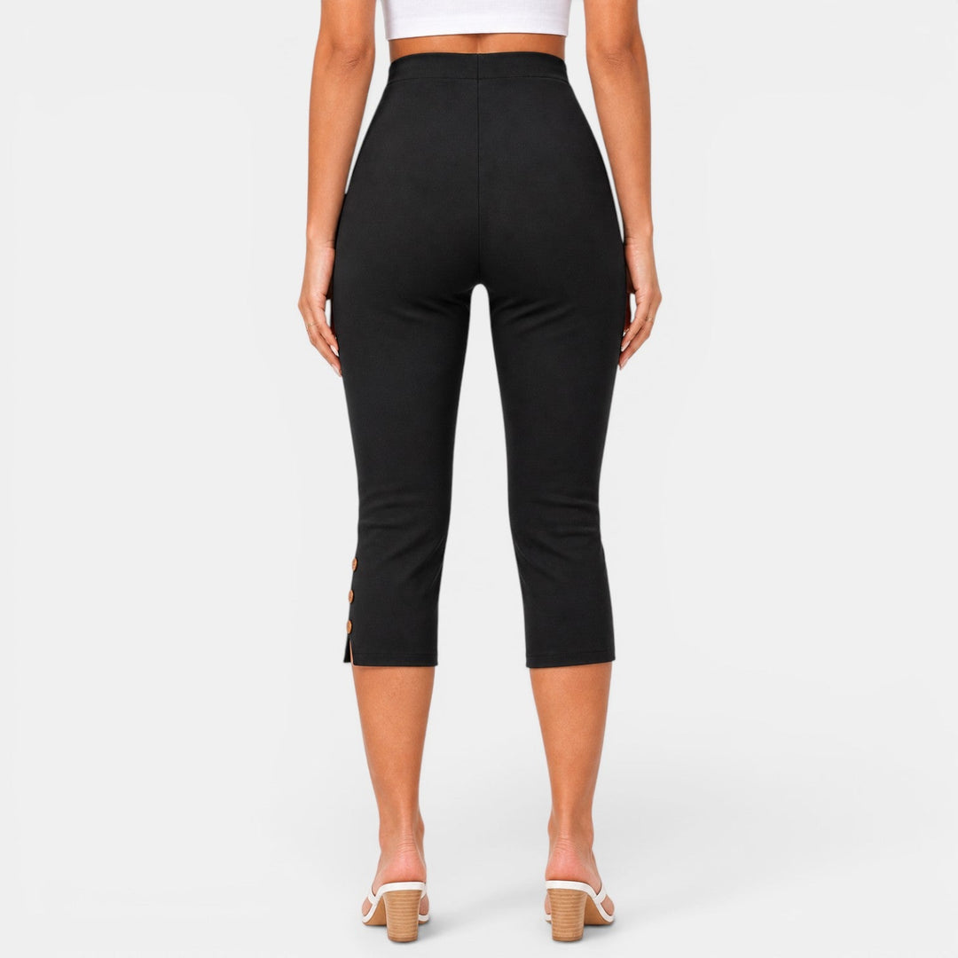 Pantalón capri de mujer con cintura alta, elástico, moderno y confortable para cualquier ocasión.