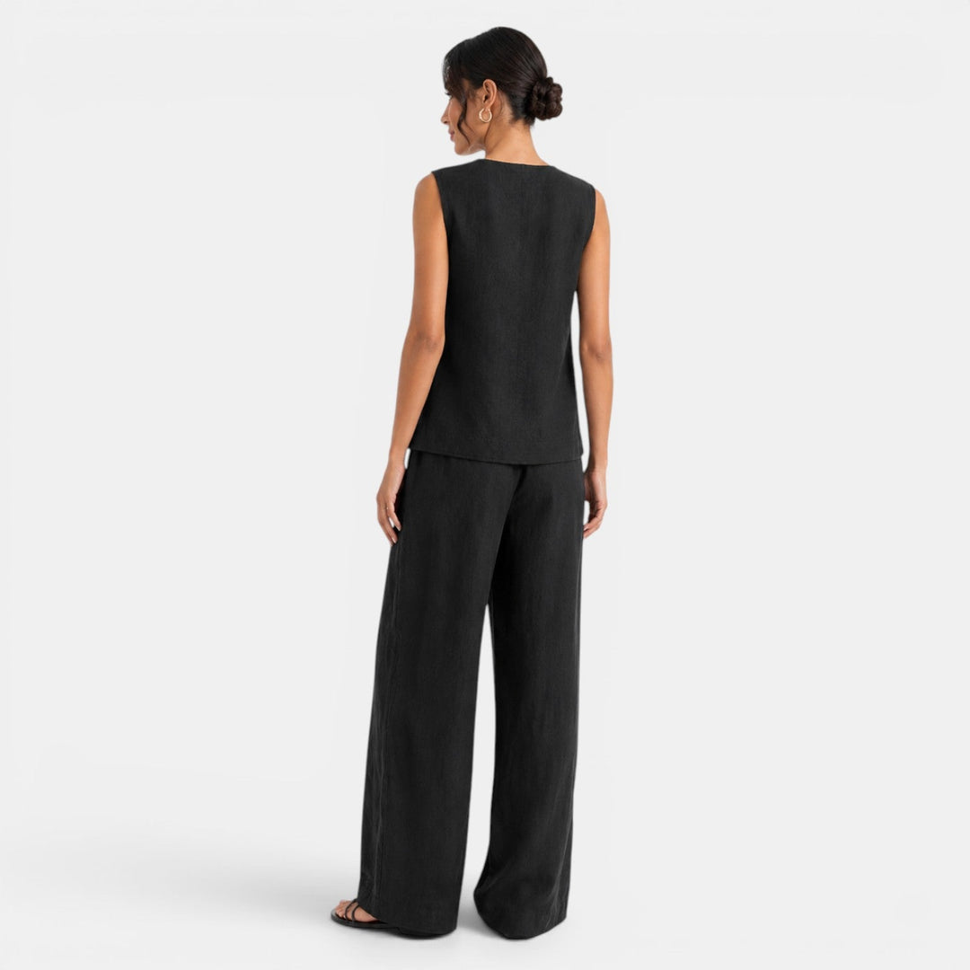 Conjunto de lino rosa para mujer: chaleco sin mangas y pantalón ancho. Look fresco y cómodo para el verano.