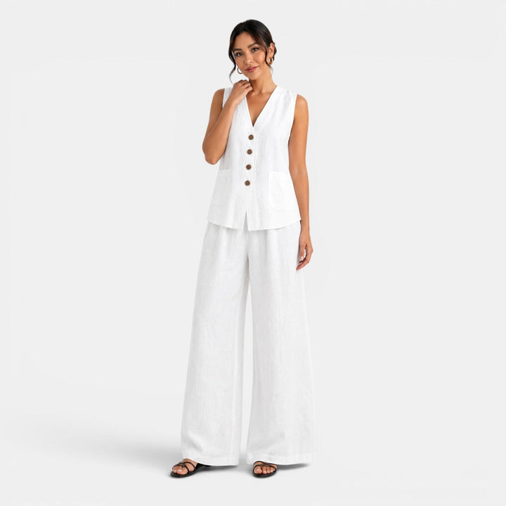 Conjunto de lino beige para mujer: chaleco sastre y pantalón de pierna ancha. Estilo elegante y cómodo de verano.
