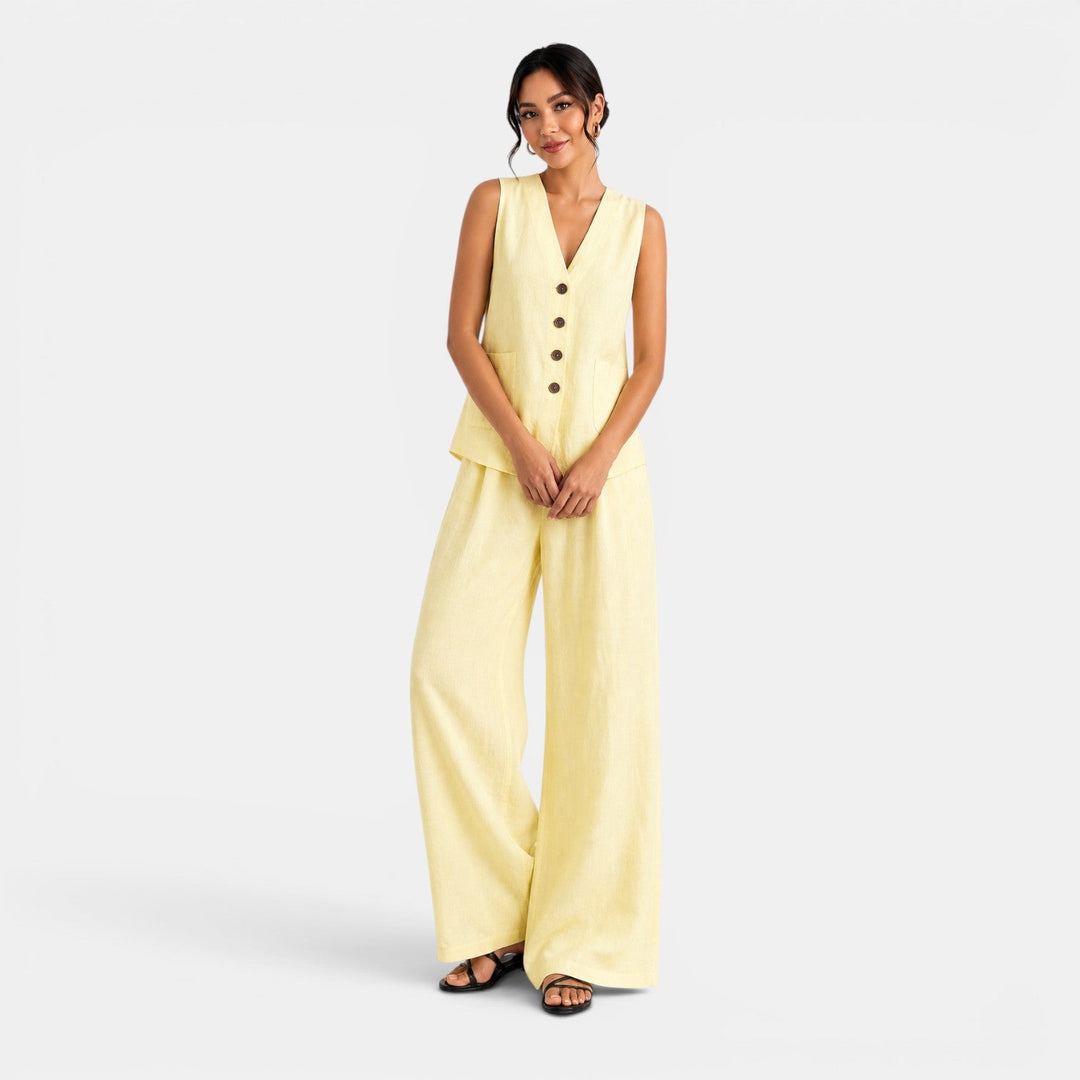 Conjunto de lino negro: chaleco y pantalón de pierna ancha. Perfecto para ropa de oficina o look casual.