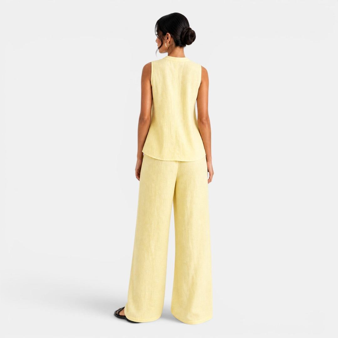 Conjunto de lino beige para mujer, pantalón de pierna ancha y chaleco. Versátil para el día a día.