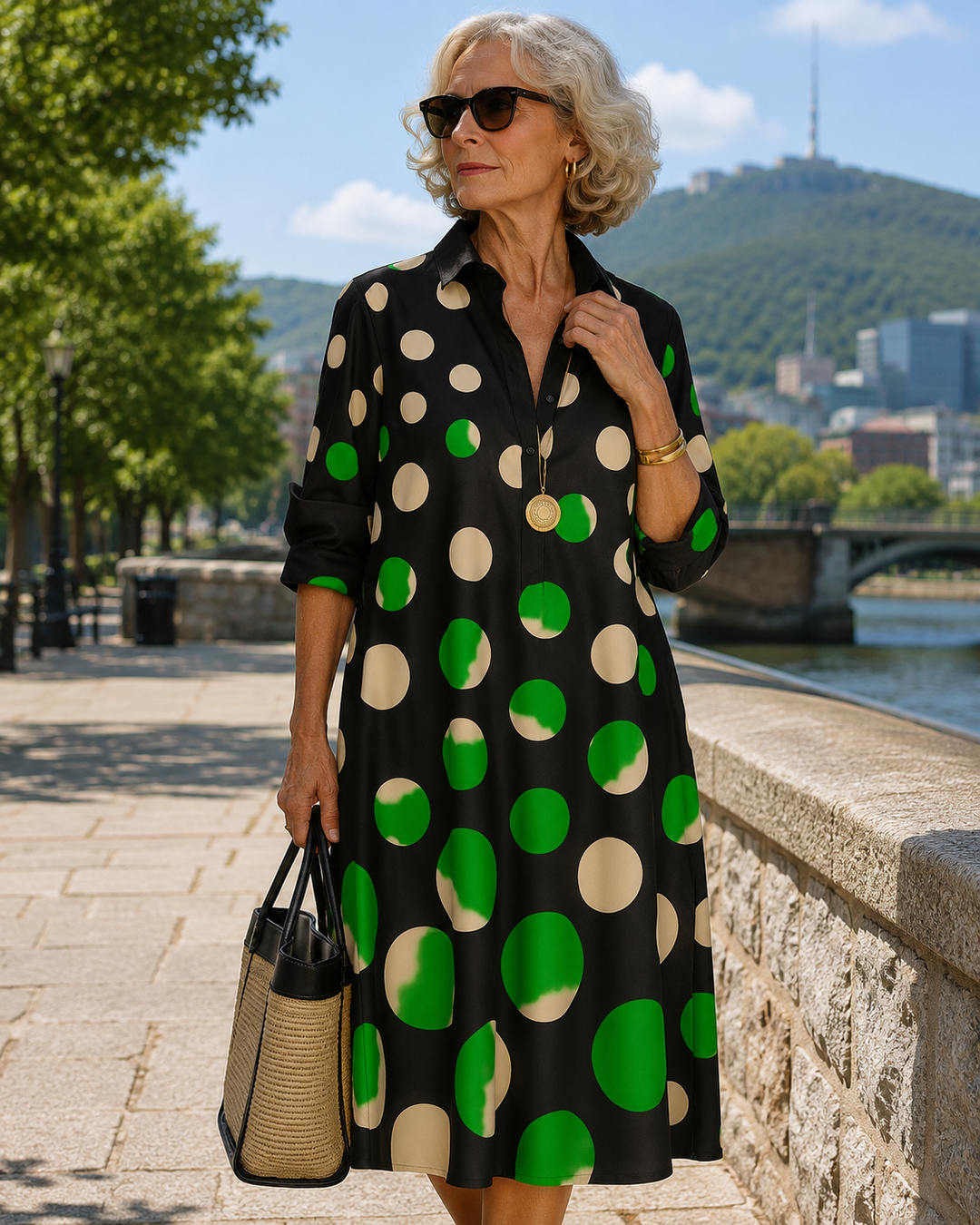 Vestido midi negro de mujer con estampado de lunares, estilo camisero elegante y cómodo para verano.
