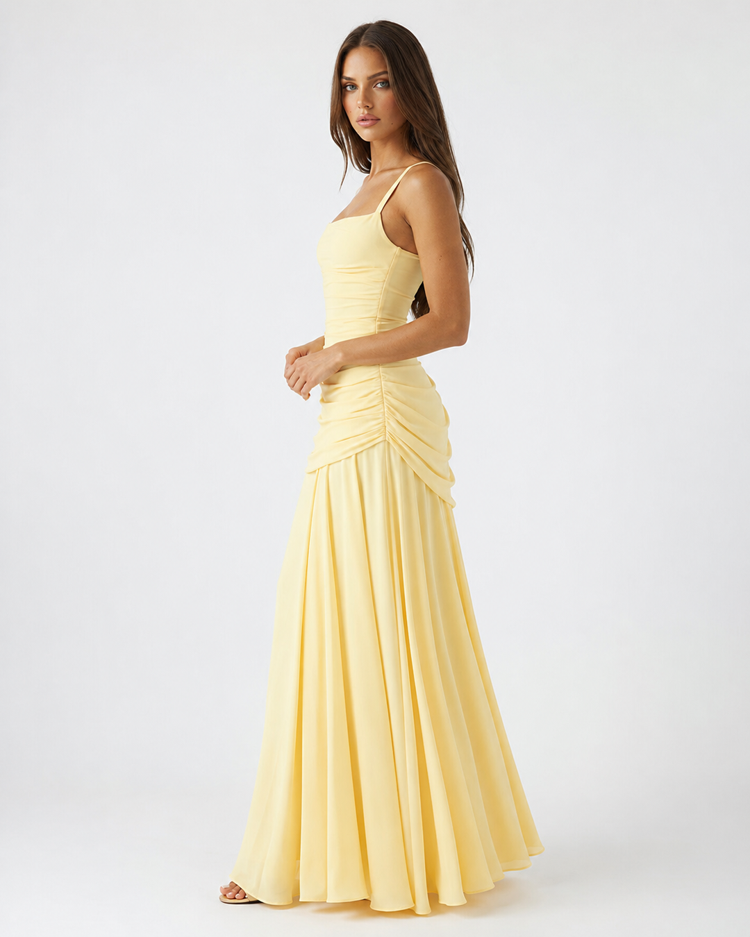 Vestido de fiesta maxi para mujer, escote cuadrado, diseño drapeado, tirantes ajustables.