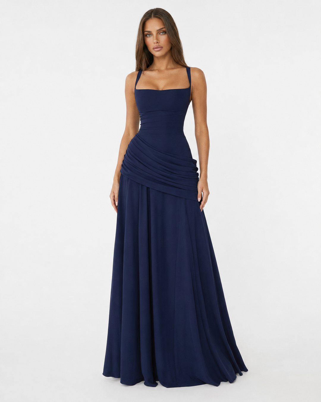 Vestido largo de mujer, escote cuadrado, drapeado, elegante para fiesta y ocasiones importantes.