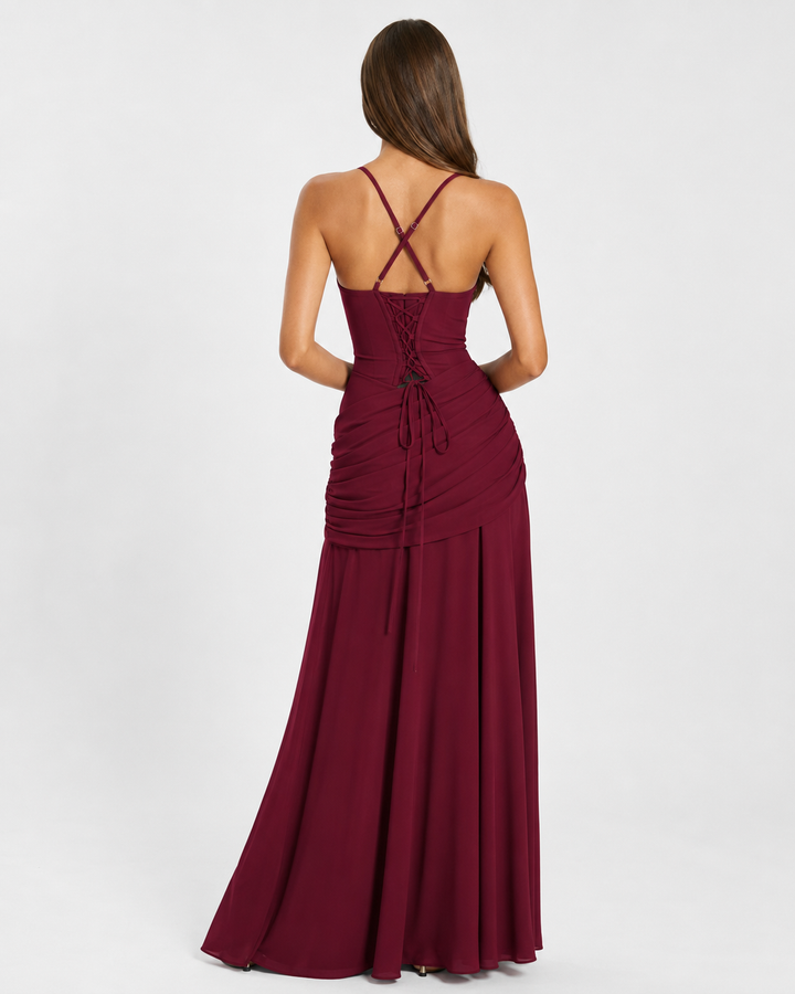 Vestido de noche maxi para mujer, escote cuadrado, drapeado elegante, diseño sofisticado.