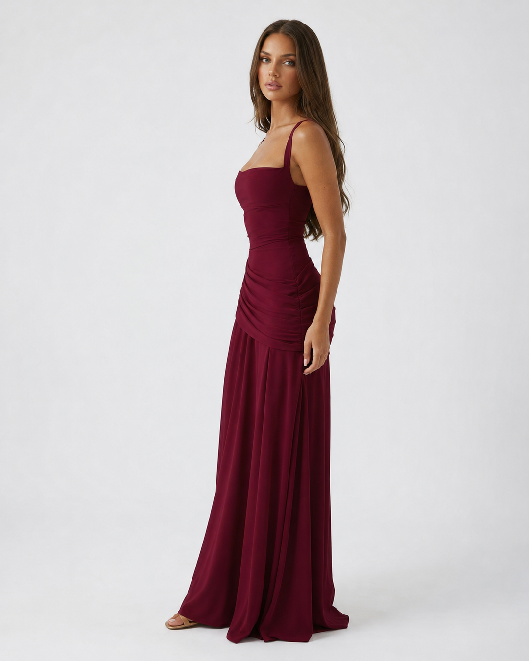 Atuendo formal: Vestido maxi de mujer, escote cuadrado, drapeado, elegante para cualquier evento.