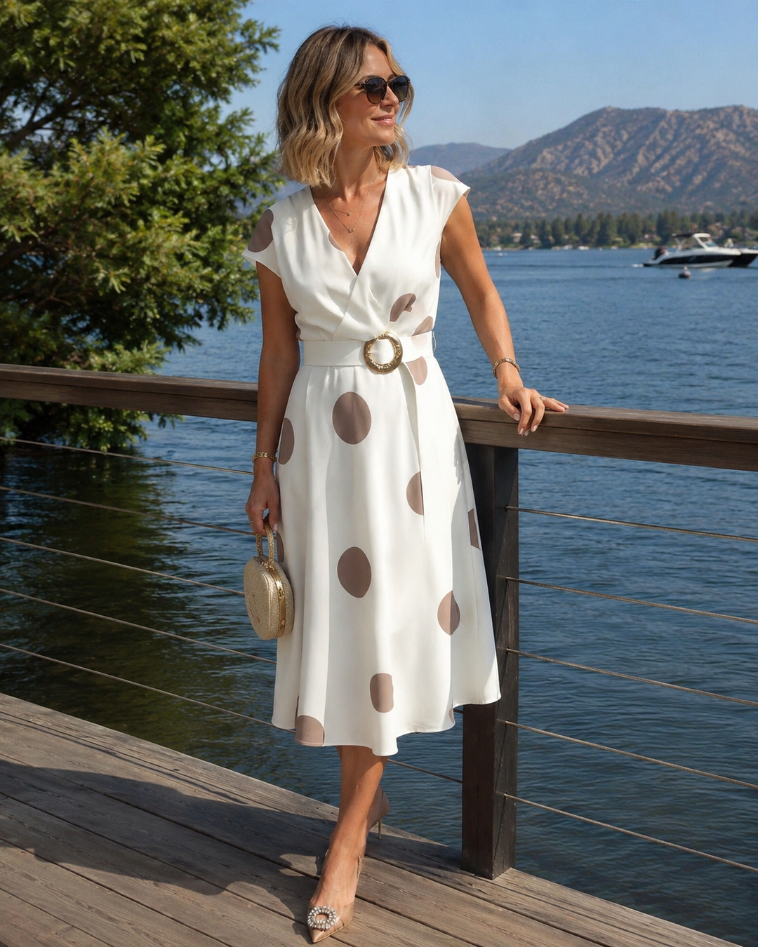 Vestido midi elegante para mujer con lunares y escote en V, perfecto para ocasiones especiales.