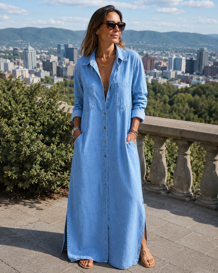 Vestido camisero largo de mujer con botones, ideal para un estilo casual y elegante diario.