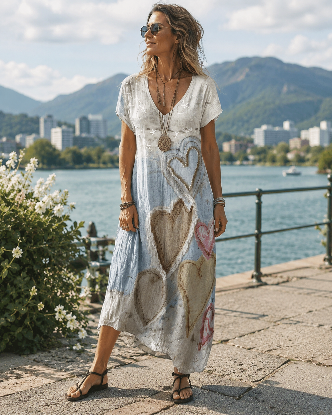 Vestido midi romántico para mujer con estampado de corazones y escote en V, ideal para primavera y verano.
