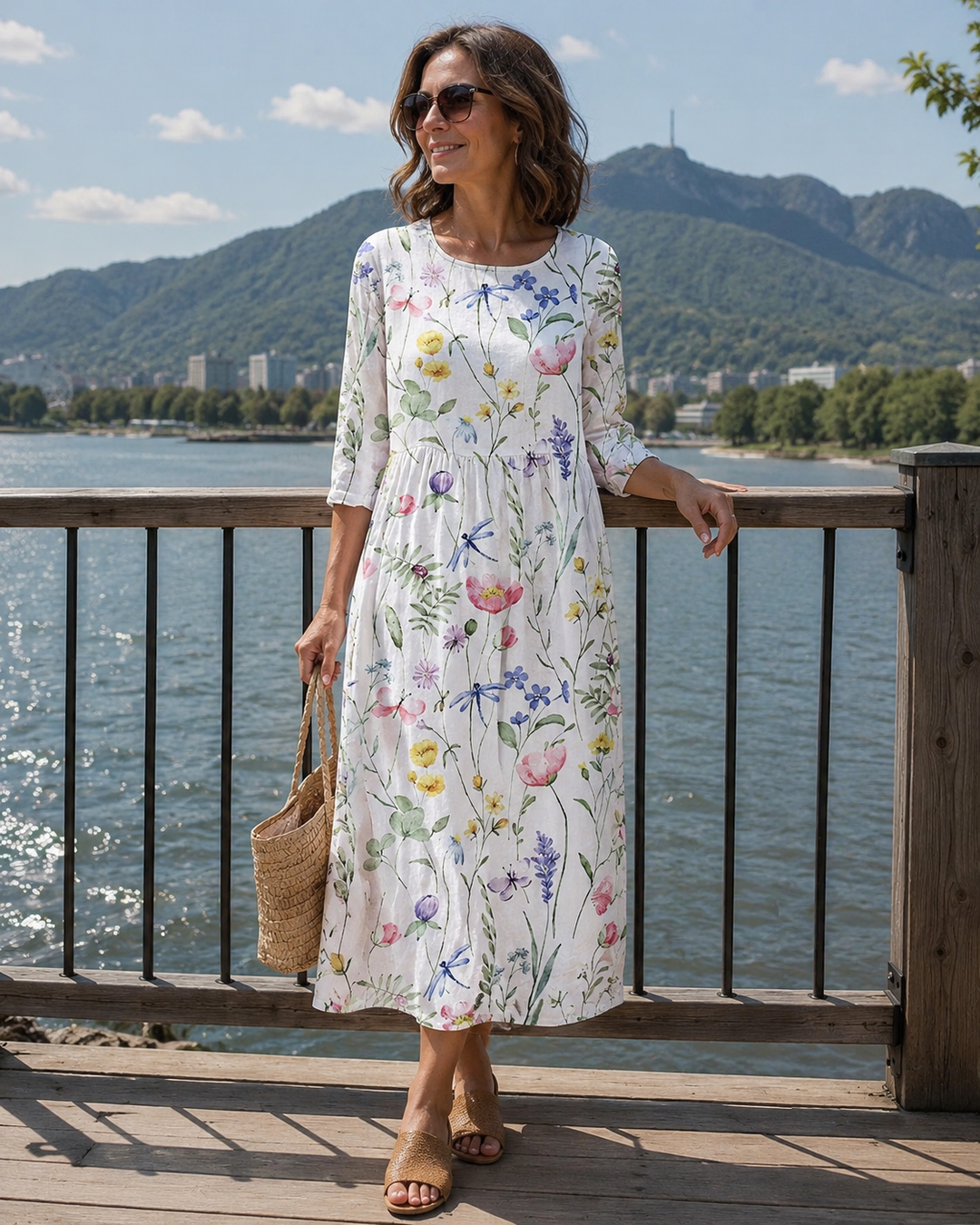 Vestido midi floral de mujer con mangas 3/4, estampado vibrante. Perfecto para primavera, verano, ropa casual y elegante.