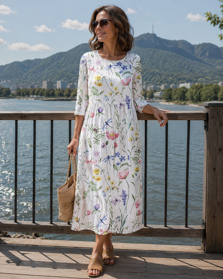 Vestido midi floral de mujer con mangas 3/4, estampado vibrante. Perfecto para primavera, verano, ropa casual y elegante.