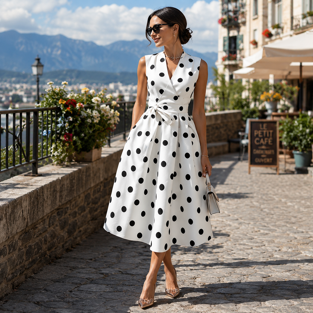 Vestido midi de mujer con lunares, cinturón ajustable y escote en V. Moda casual chic de verano.