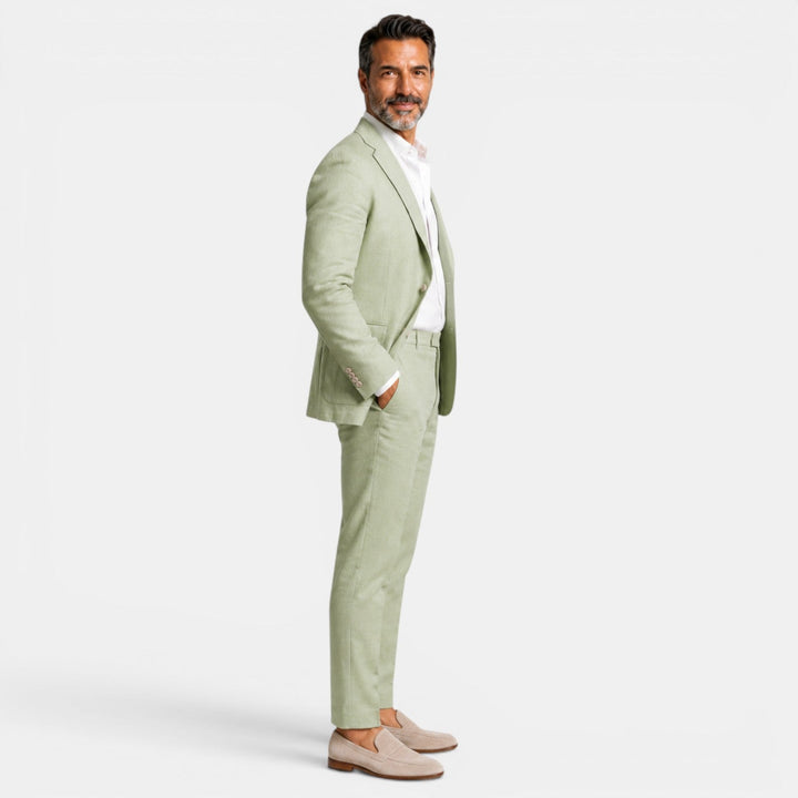 Traje de lino de negocios relajado para hombre, estilo elegante y cómodo de dos piezas.