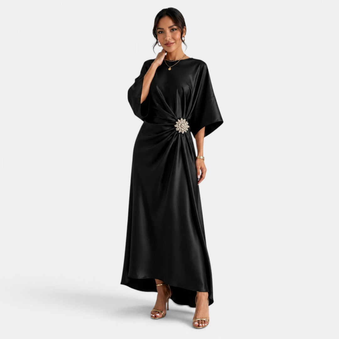 Vestido satinado largo elegante para mujer, ideal para fiesta o boda. Estilo sofisticado.