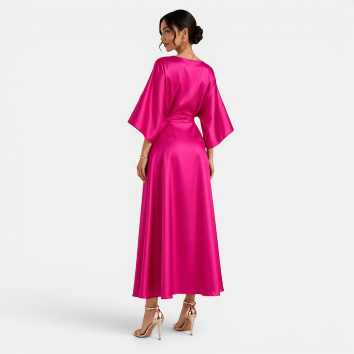Vestido de gala satinado largo, para mujer, estilo sofisticado y festivo, ideal para eventos.