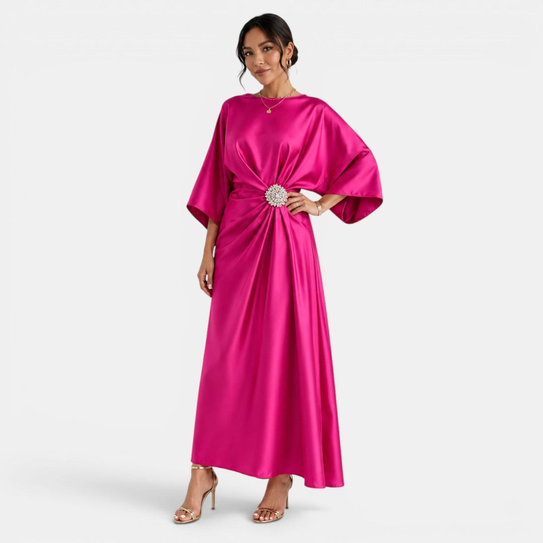 Vestido de noche largo satinado mujer, ajuste perfecto y caída elegante. Comodidad y estilo.