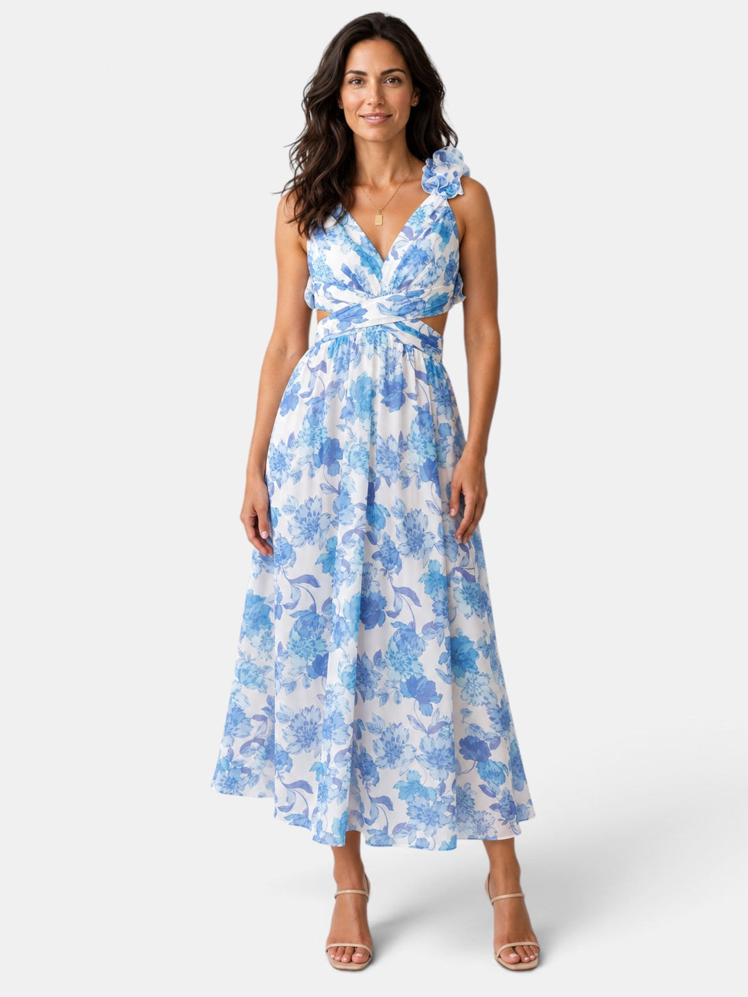 Vestido de fiesta floral largo para mujer, estampado elegante, perfecto para celebraciones y bodas de verano.