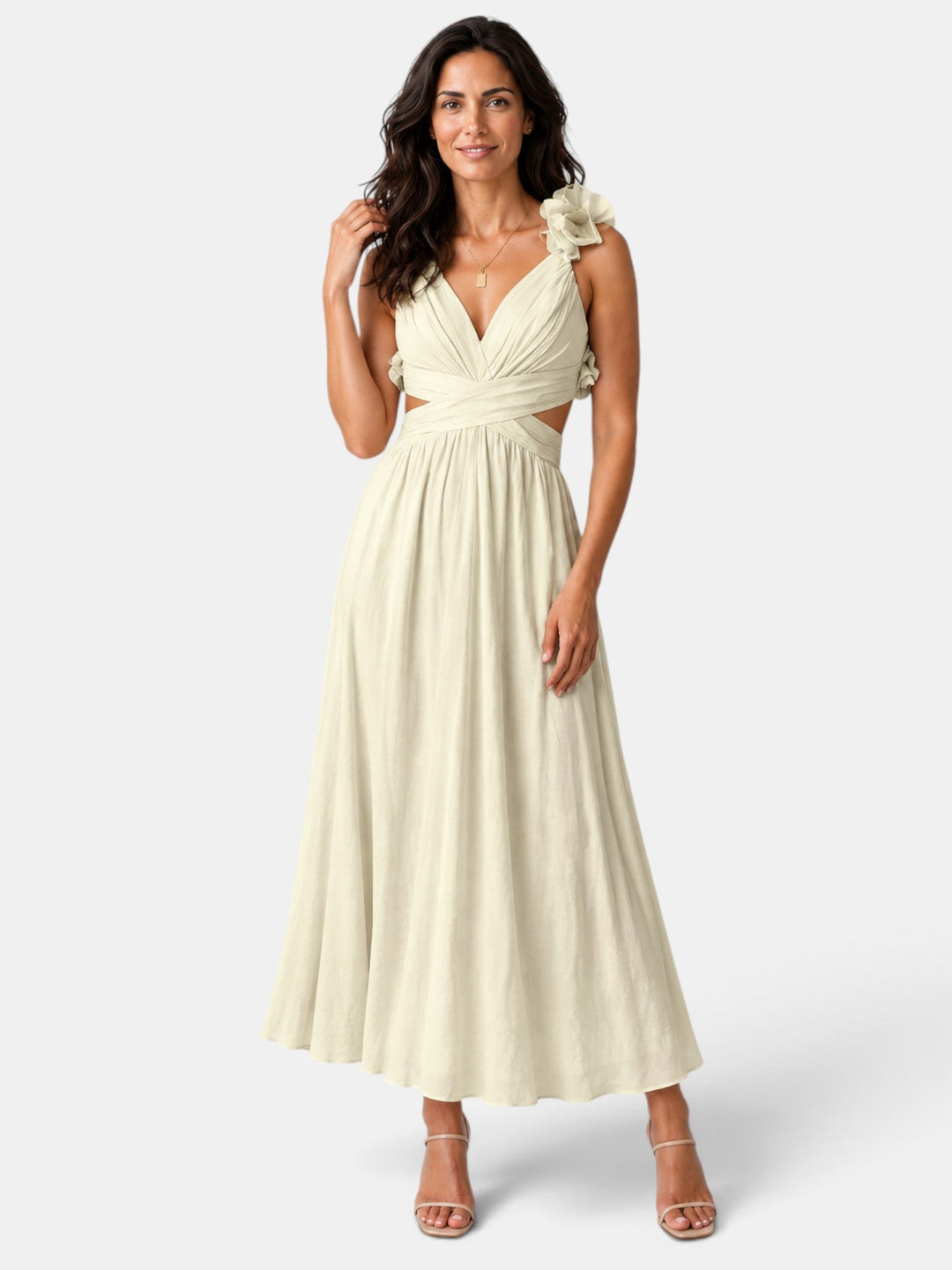Vestido de noche floral para mujer, corte elegante y caída fluida, ideal para fiestas y galas de verano.