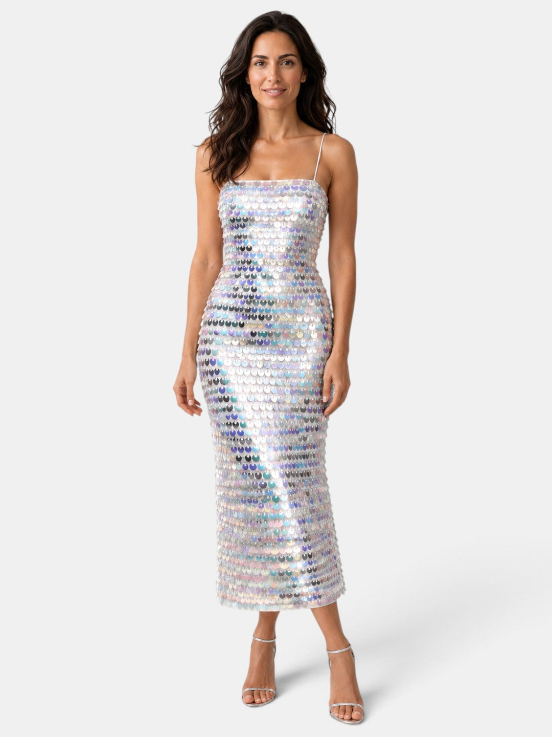 Vestido midi de lentejuelas para mujer, ideal para fiesta y celebración glamurosa.