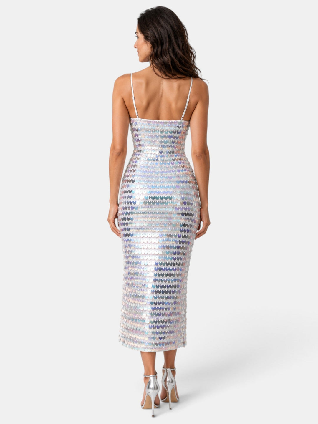 Vestido de fiesta midi con lentejuelas brillantes, perfecto para ocasiones especiales y celebraciones.